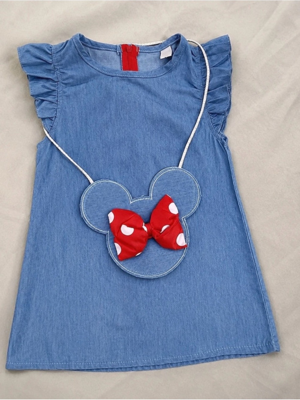 Girls Light Blue Denim Dress with Red Bow Crossbody Accent